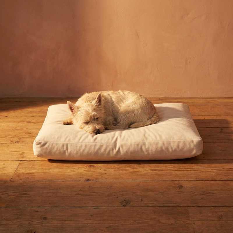 Perro dormido sobre una cama de mascota de tono crema