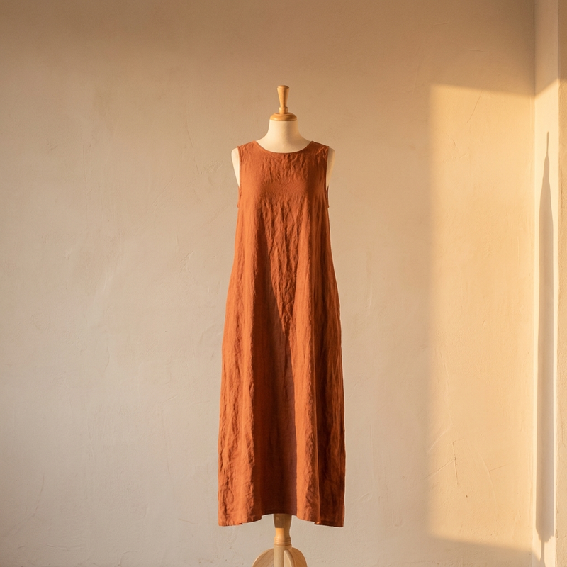 Vestido largo terracota sobre un maniquí frente a pared clara