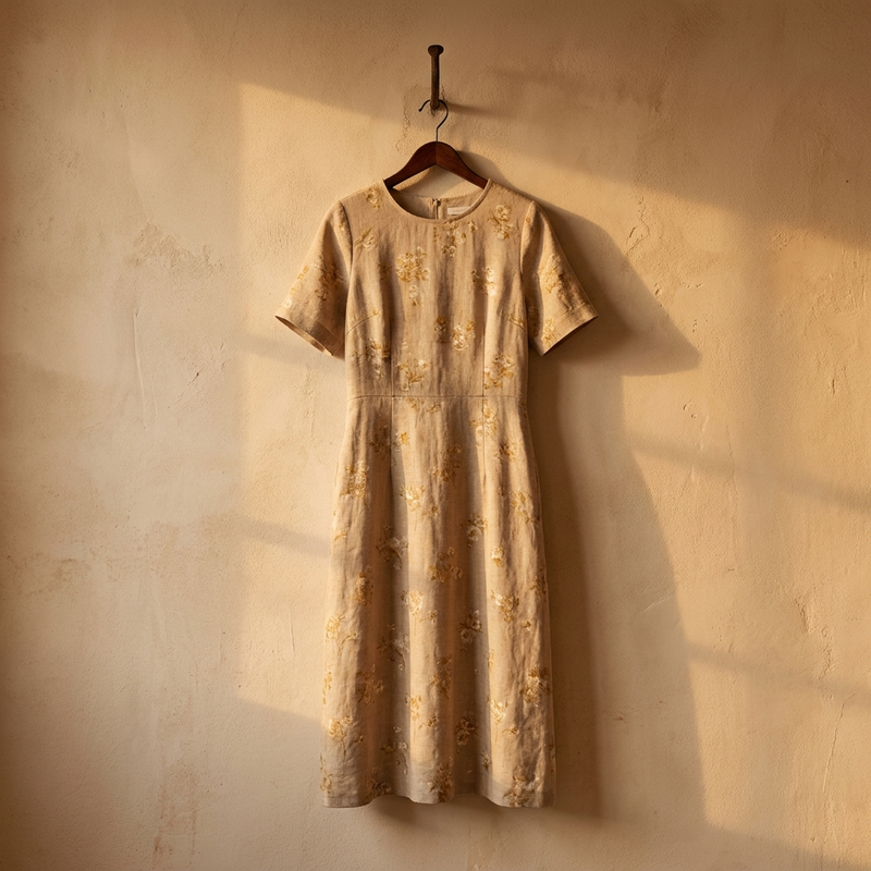 Vestido midi estampado en una percha colgada de un gancho de pared
