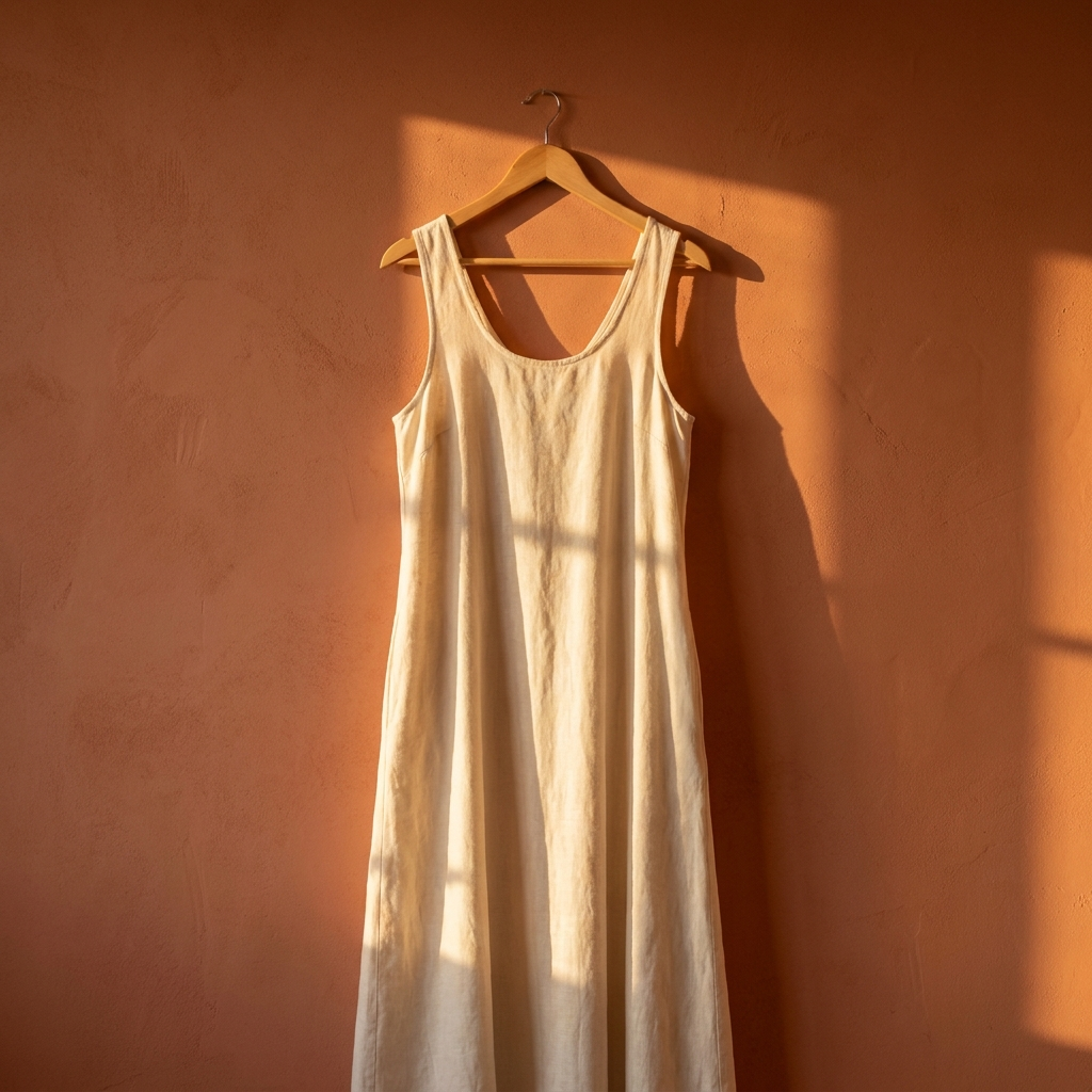 Vestido de lino crema en una percha de madera frente a pared terracota