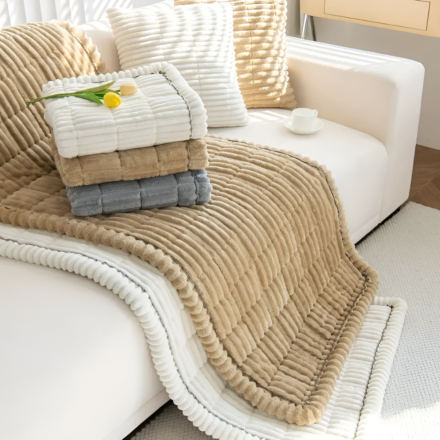 Funda de Sofá de Felpa con Plisado a Mano - Protector para Sillón