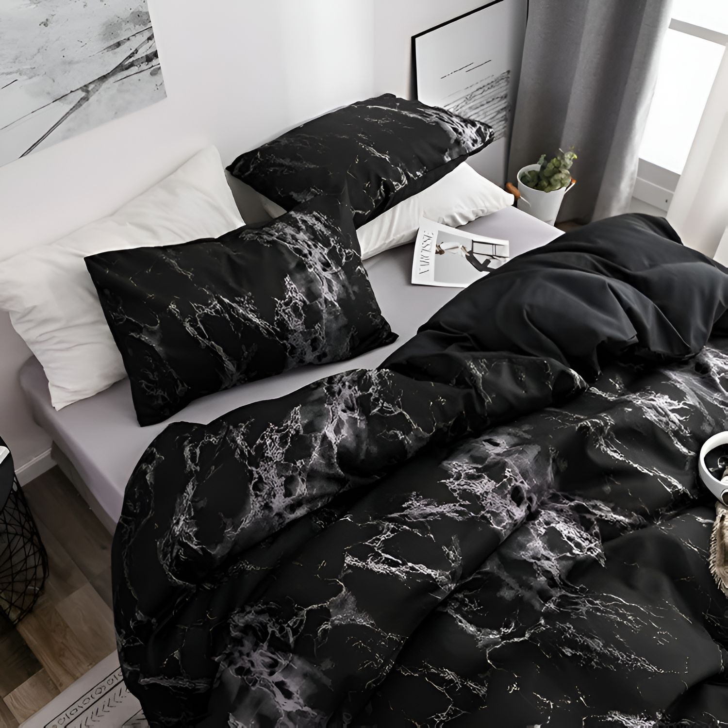 Juego de Funda Nórdica Estampado Mármol - Set de Cama Negro