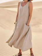 Vestido Midi con Cuello Redondo para Mujer - Almuerzo de Fin de Semana