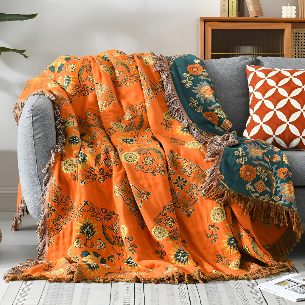 Manta Reversible Naranja y Turquesa - Cobertor Floral Decorativo