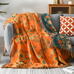 Manta Reversible Naranja y Turquesa - Cobertor Floral Decorativo