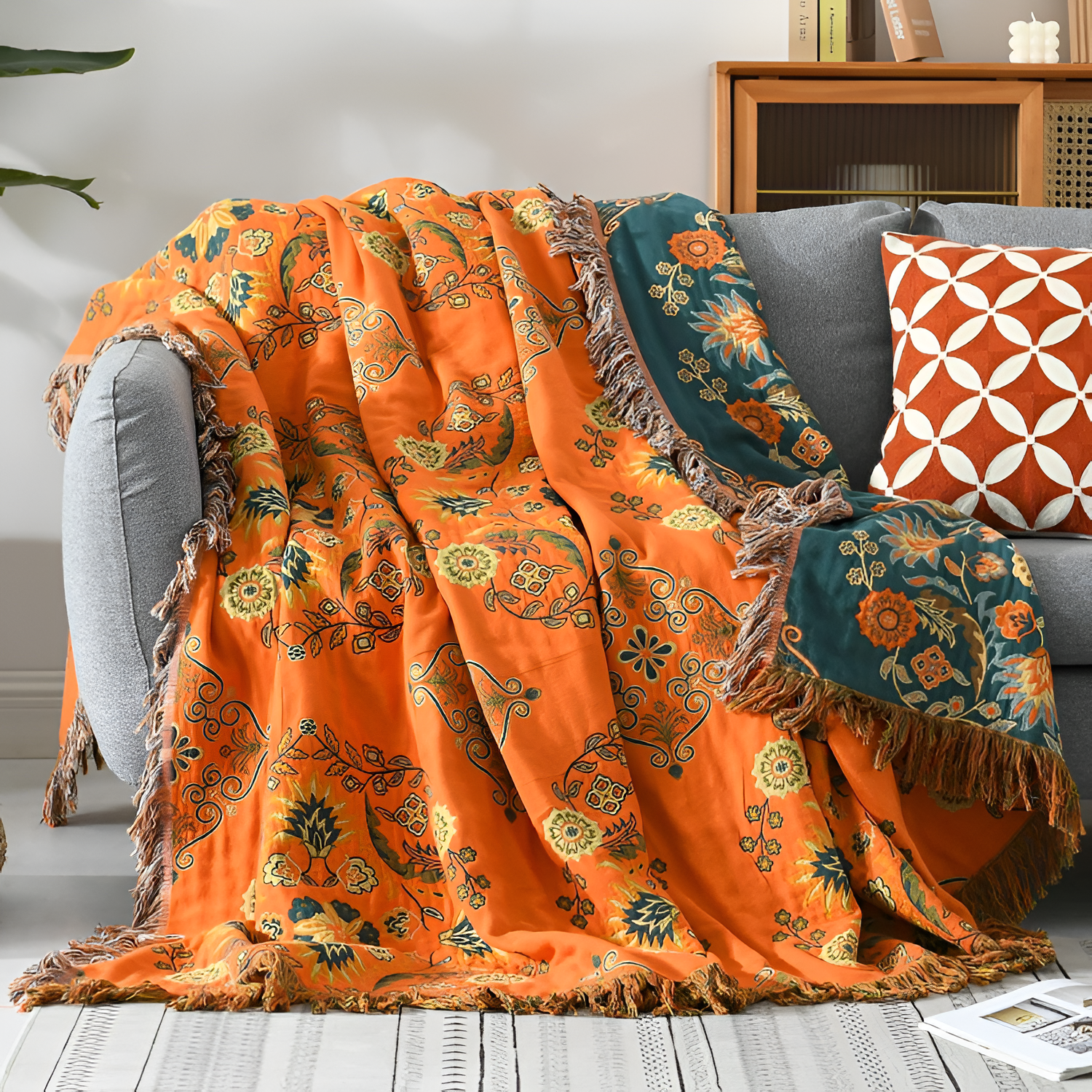 Manta Reversible Naranja y Turquesa - Cobertor Floral Decorativo