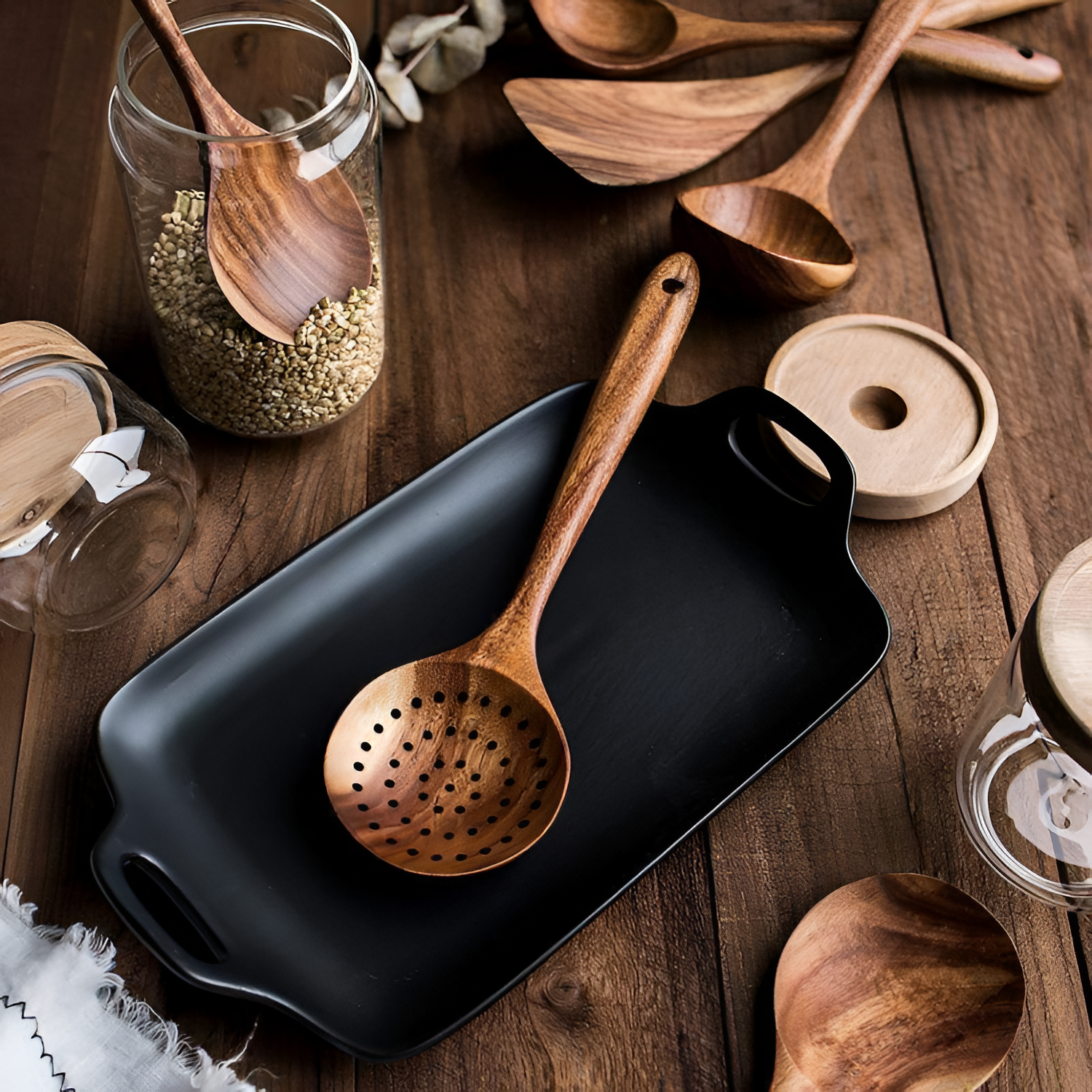 Juego de utensilios de madera - Juego de cocina premium de 7 piezas