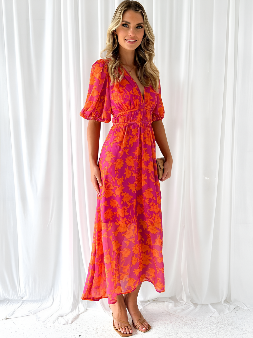 Vestido Midi de Cuello en V con Estampado Floral para Mujer -  Fiesta en el Jardín de Primavera