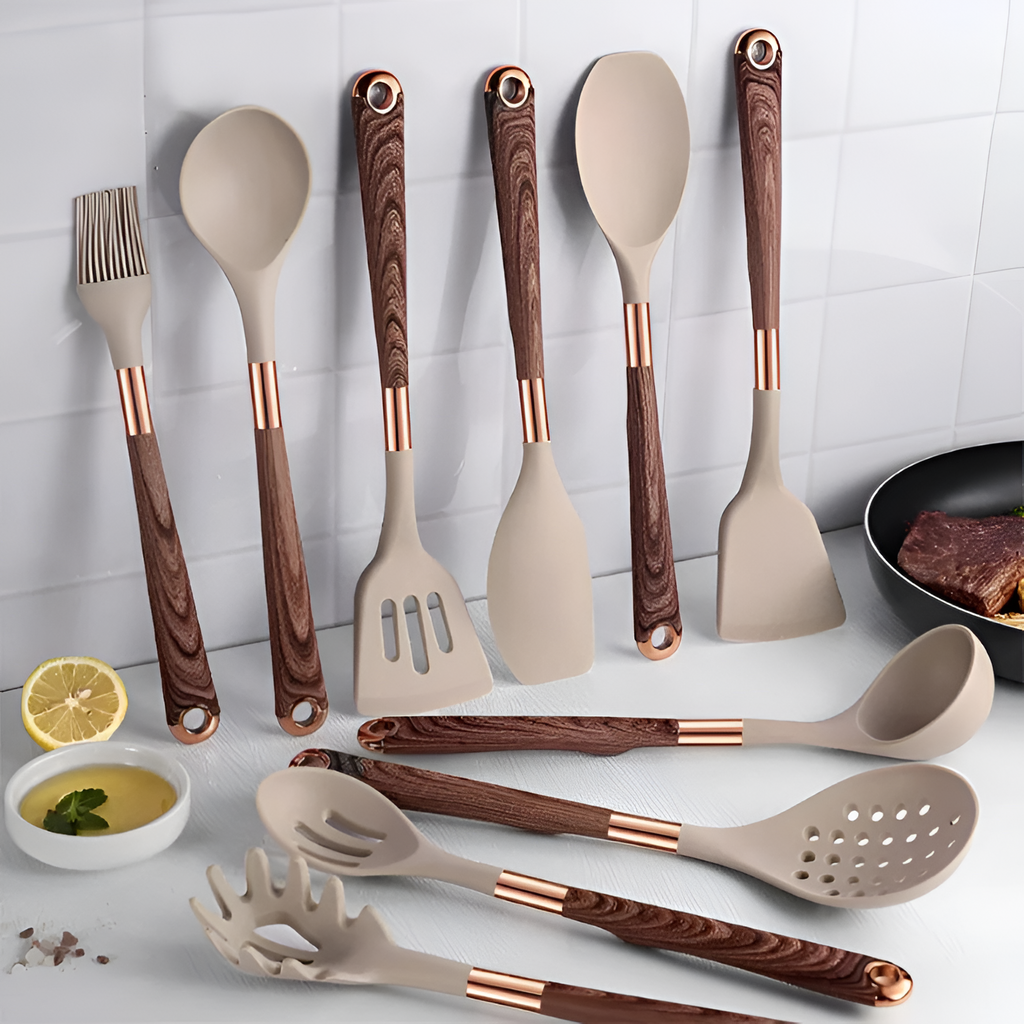 Set de Utensilios de Cocina Beige - Con Mango Efecto Madera