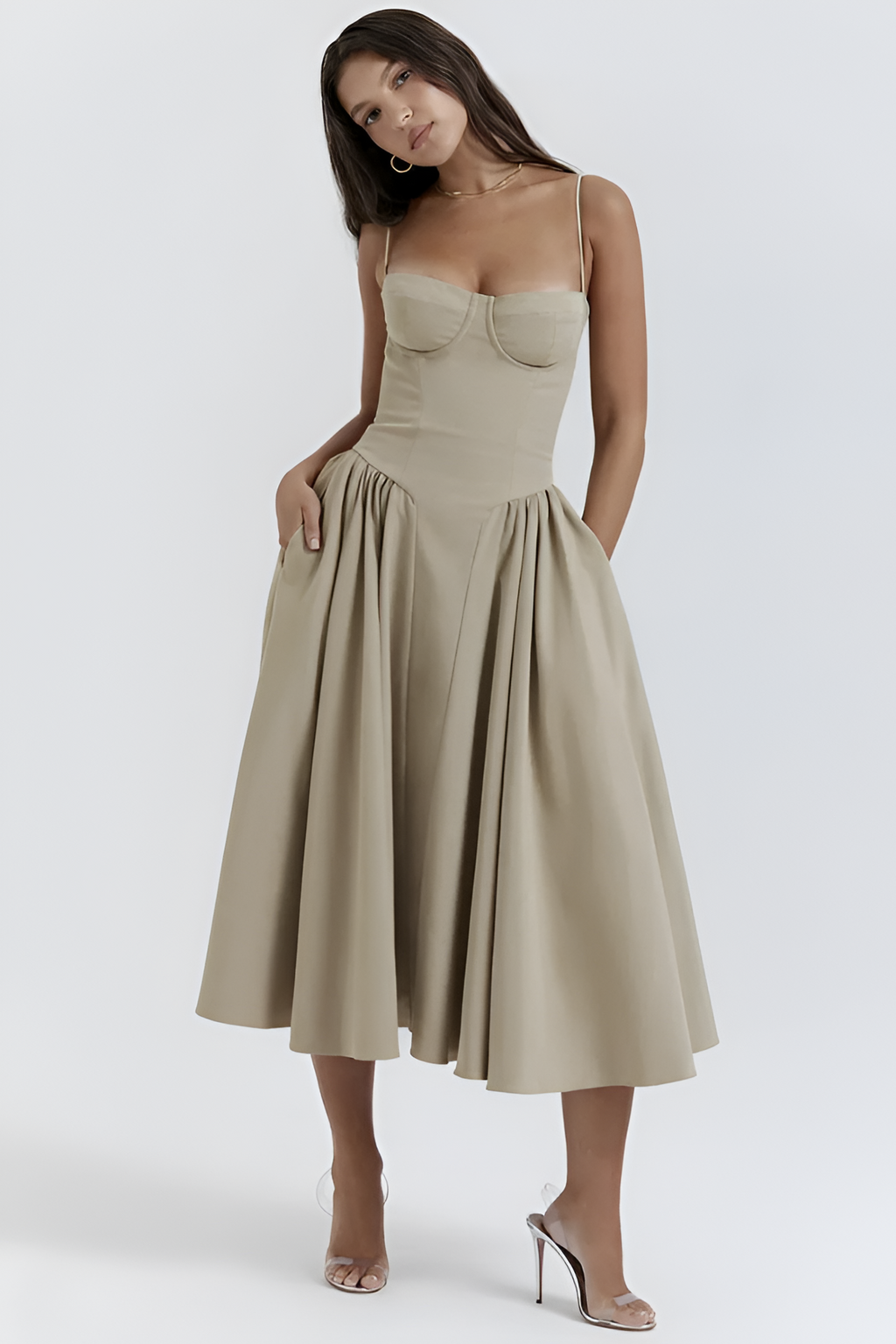 Vestido Midi Sólido Línea A Para Mujer - Fiesta De Jardín De Primavera