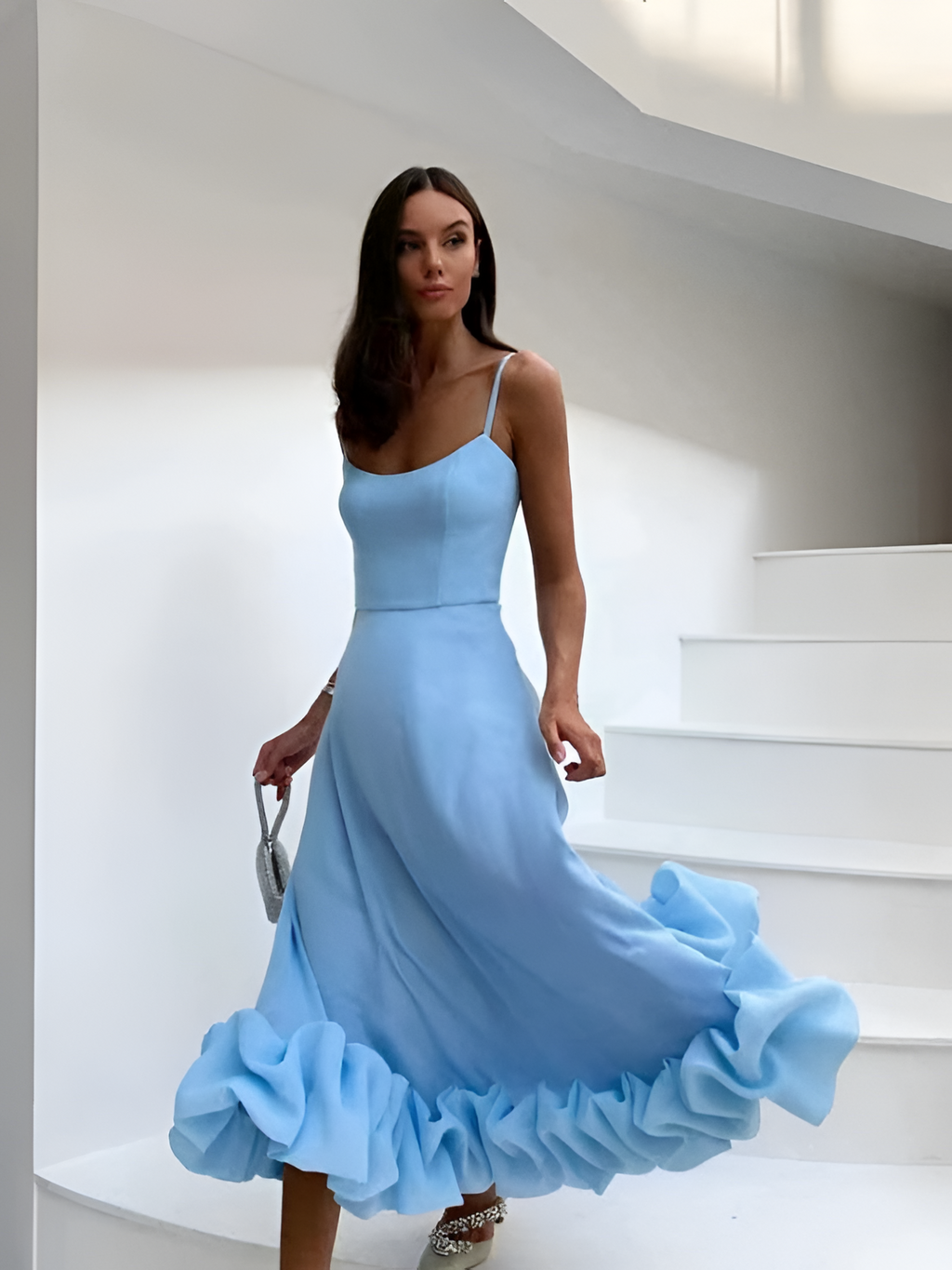 Vestido De Mujer Con Dobladillo De Volantes Y Cuello Redondo - Boda De Verano, Cena