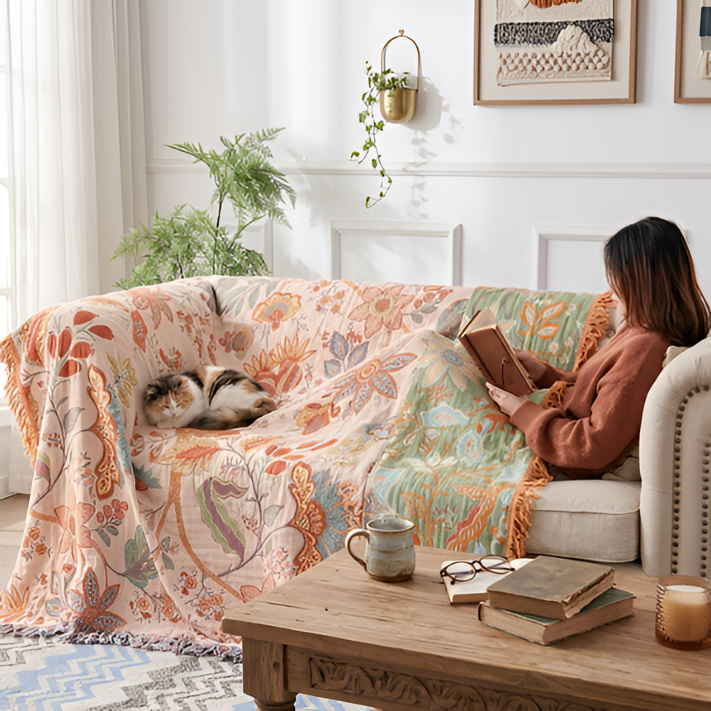 Manta floral Boho para sofá - Manta de algodón