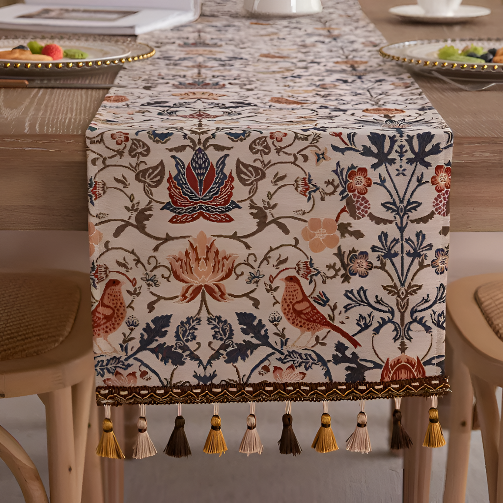 Camino de Mesa con Patrón de Aves y Flores - Acento Decorativo para Comedor