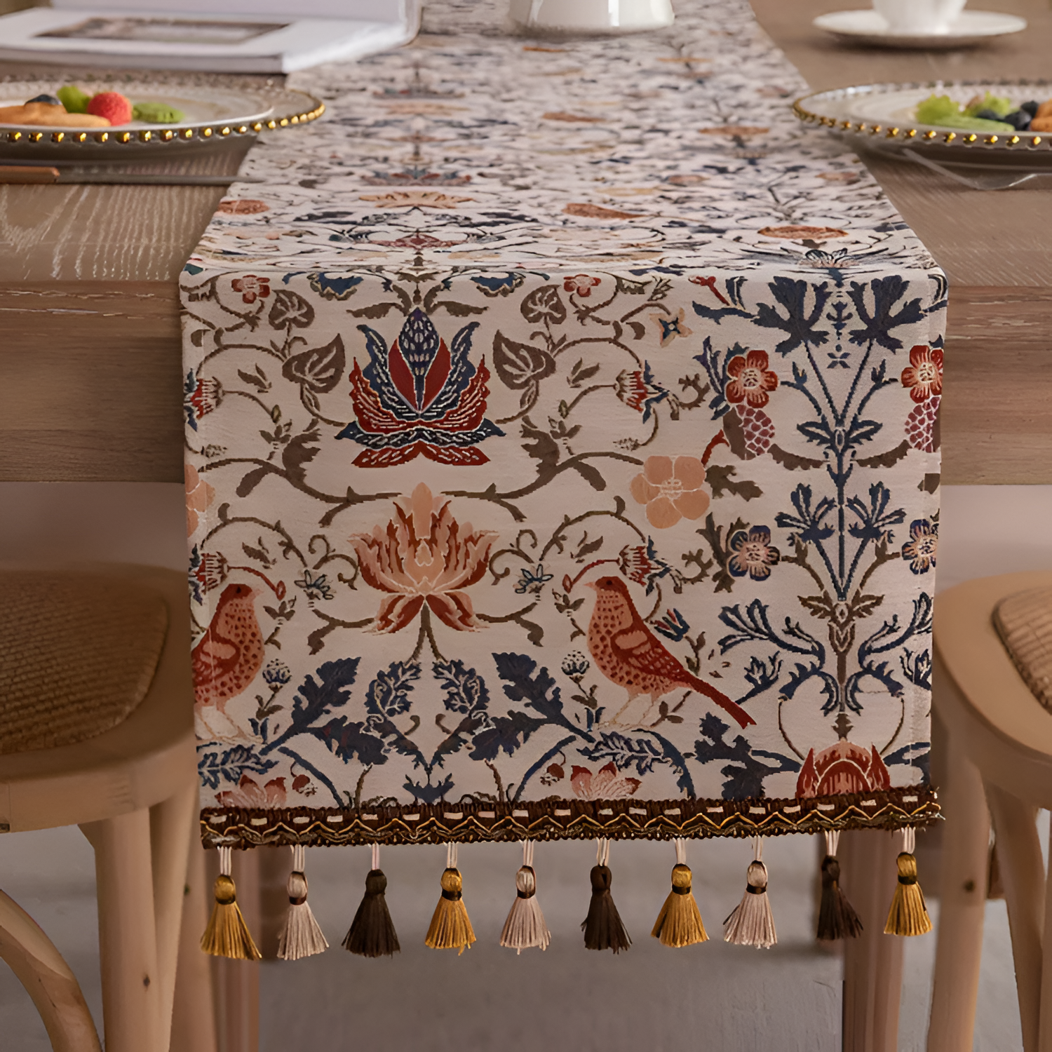 Camino de Mesa con Patrón de Aves y Flores - Acento Decorativo para Comedor