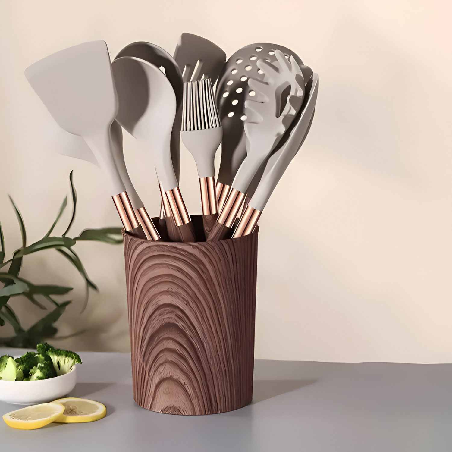 Set de Utensilios de Cocina Beige - Con Mango Efecto Madera