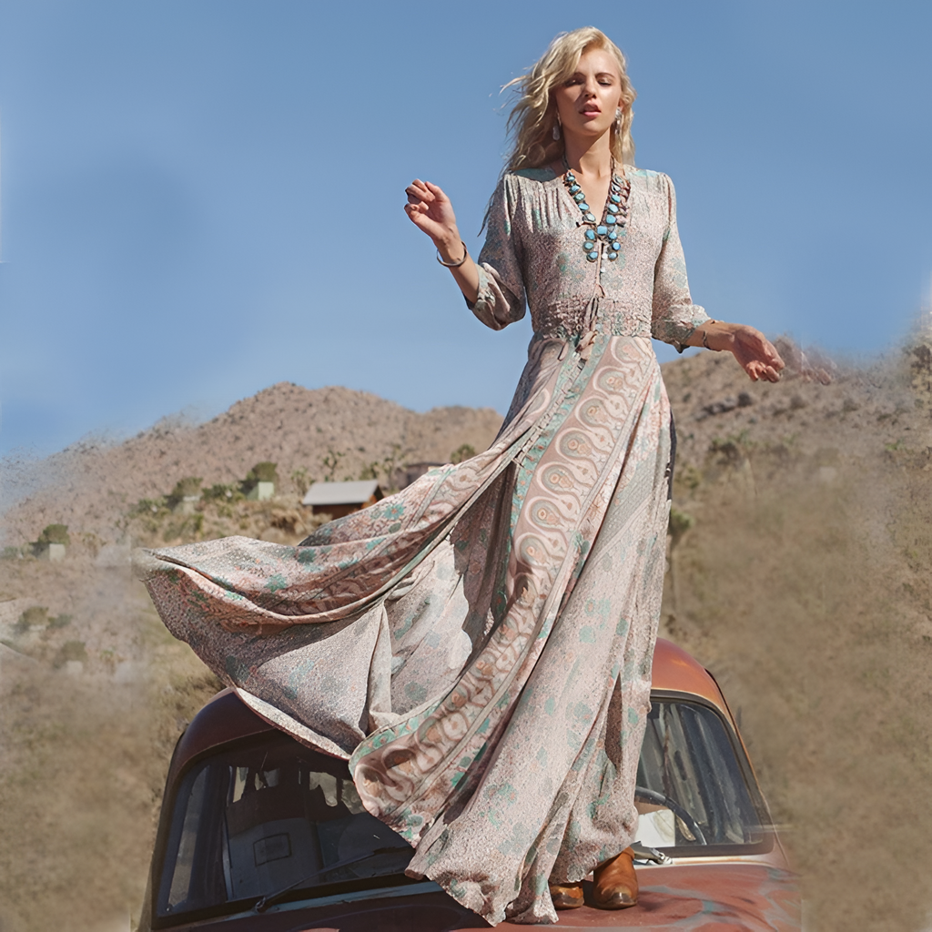 Vestido Maxi Estampado Con Cuello En V Para Mujer - Brunch De Fin De Semana
