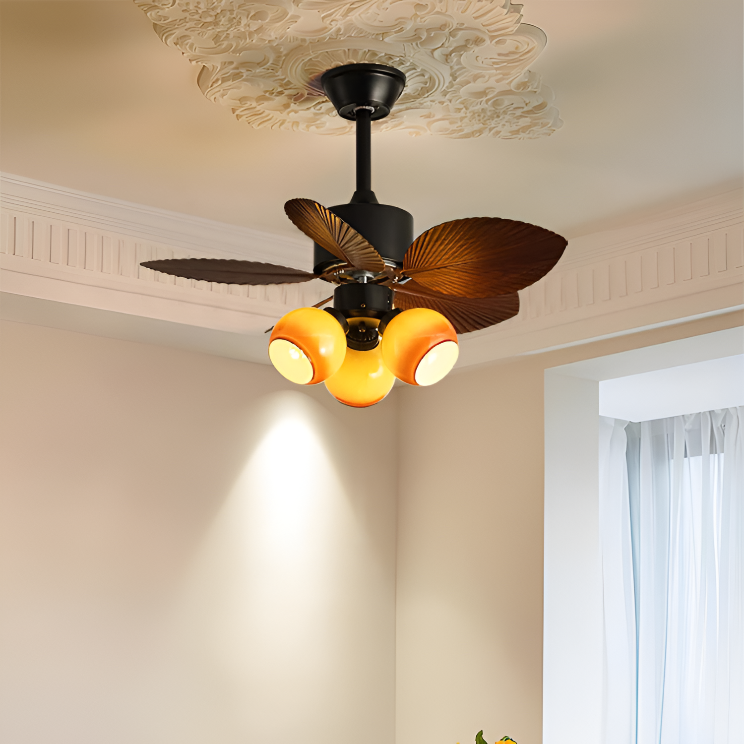 Ventilador de Techo con Hojas de Palma Tropical - Luz Integrada