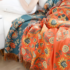 Manta Reversible Naranja y Turquesa - Cobertor Floral Decorativo