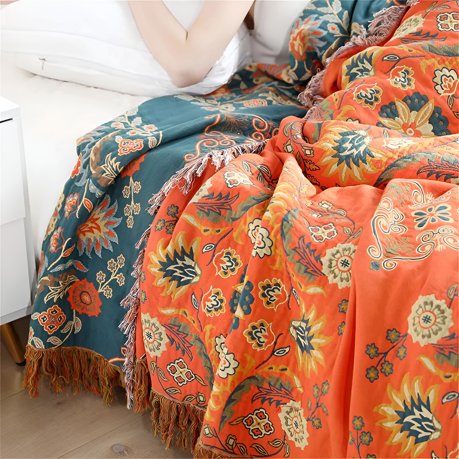 Manta Reversible Naranja y Turquesa - Cobertor Floral Decorativo