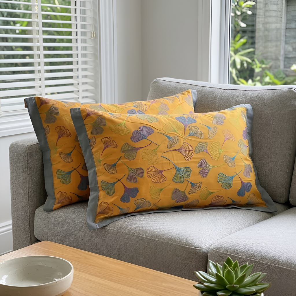 Fundas de Almohada con Hojas de Ginkgo – Fundas Bordadas de Algodón