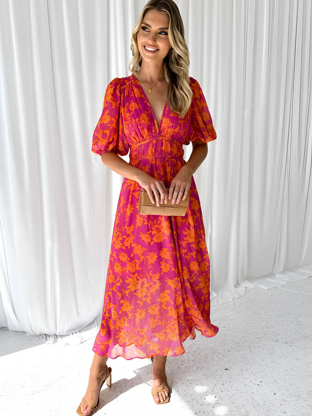 Vestido Midi de Cuello en V con Estampado Floral para Mujer -  Fiesta en el Jardín de Primavera