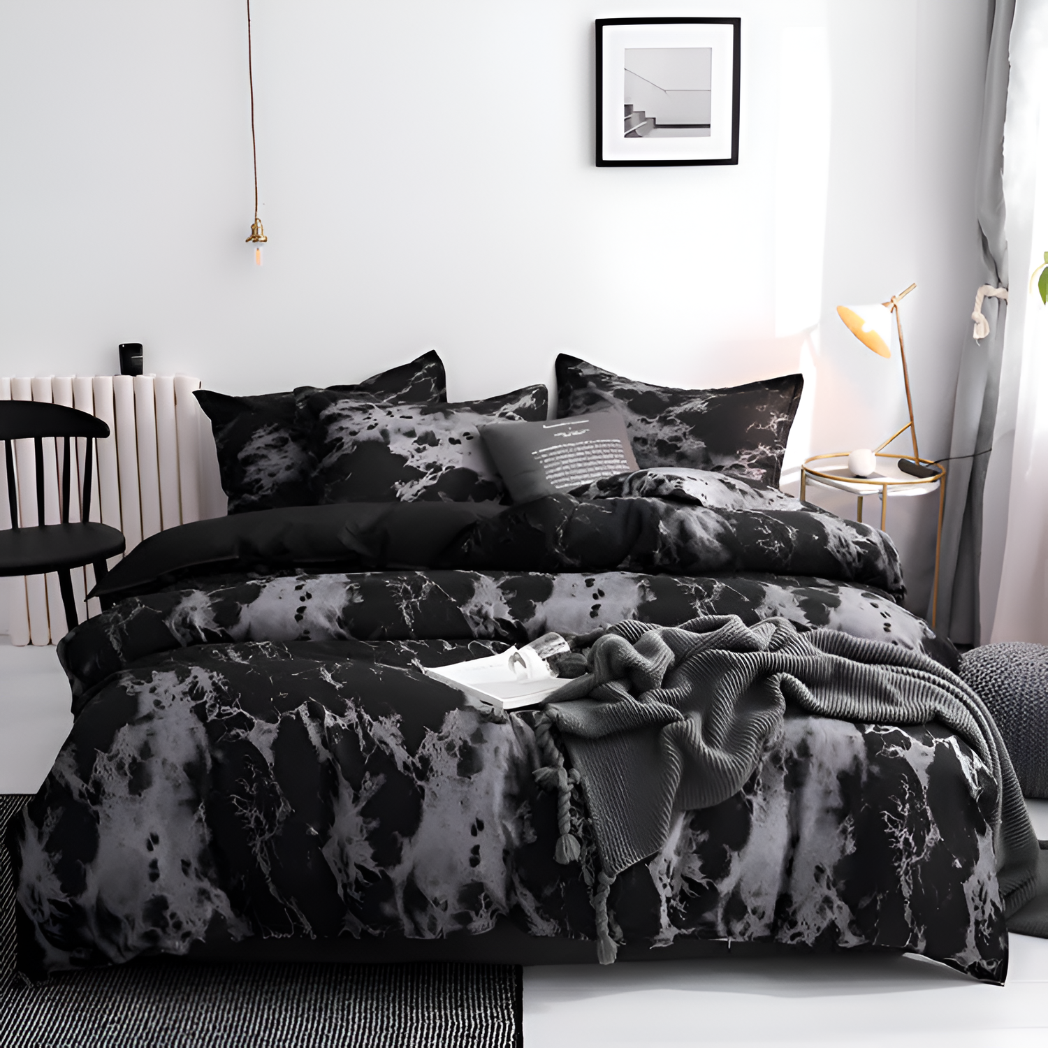 Juego de Funda Nórdica Estampado Mármol - Set de Cama Negro