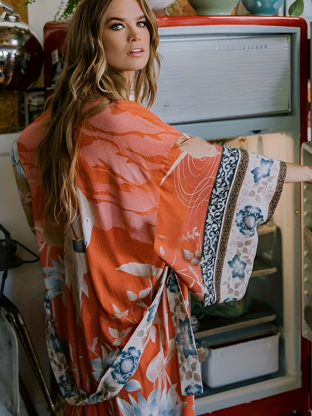 Mujeres Floral Impresión Manga Larga Quimono - Cenas De Resort