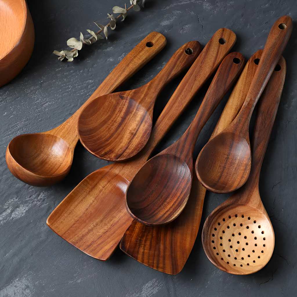 Juego de utensilios de madera - Juego de cocina premium de 7 piezas