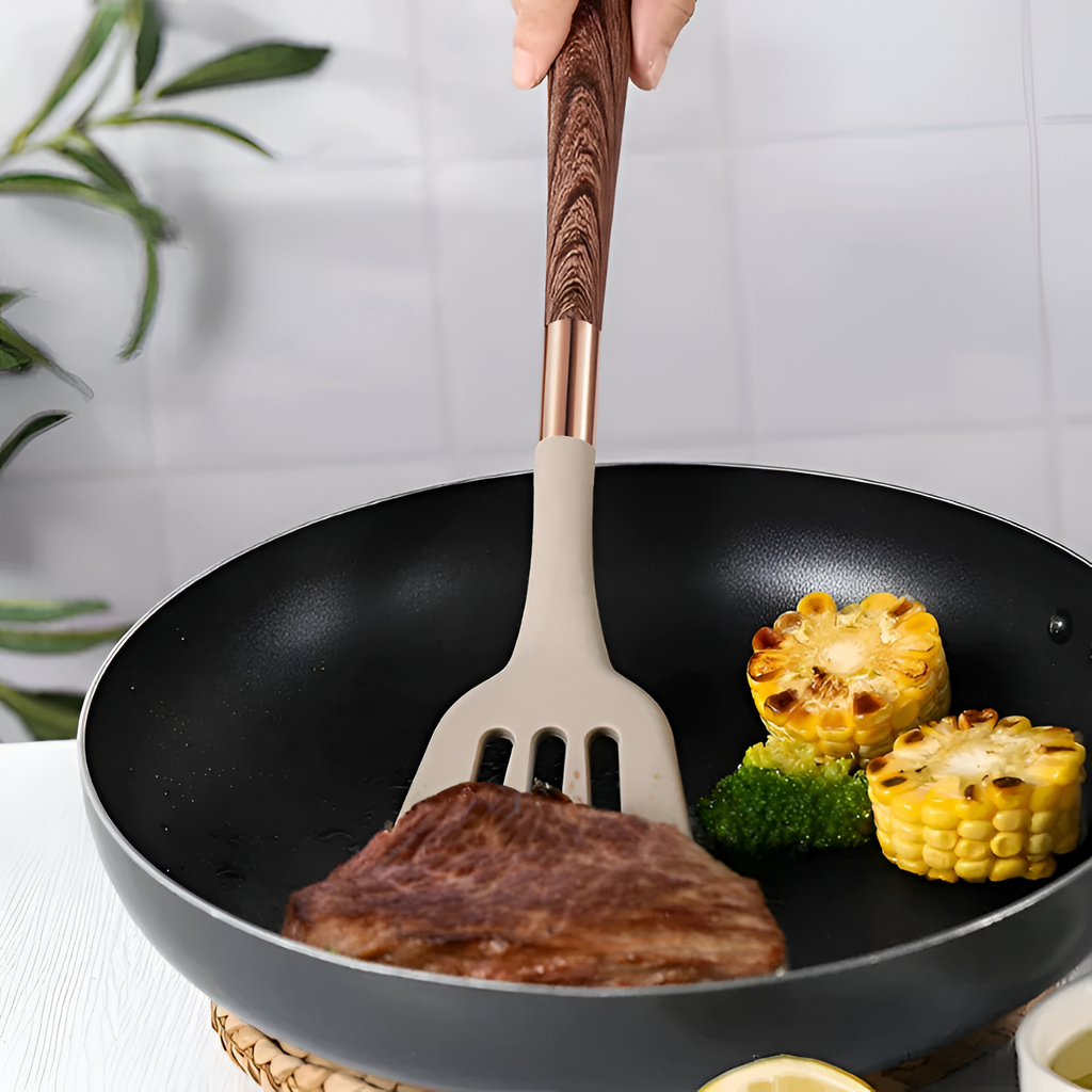 Set de Utensilios de Cocina Beige - Con Mango Efecto Madera