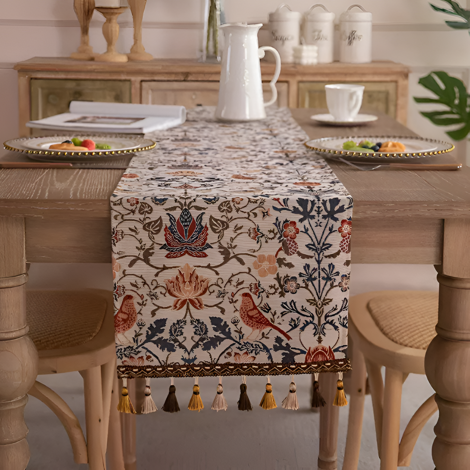 Camino de Mesa con Patrón de Aves y Flores - Acento Decorativo para Comedor