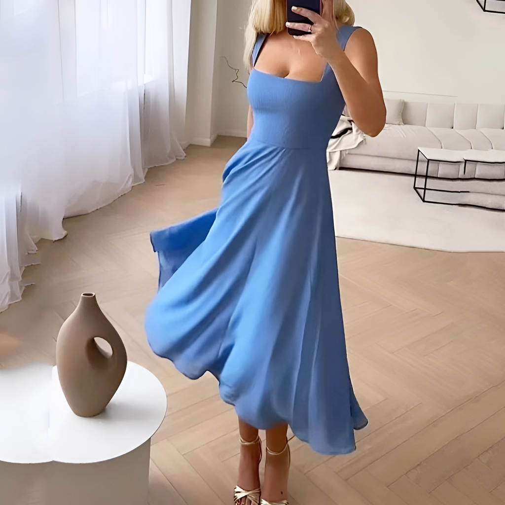 Vestido Midi Corte A Escote Cuadrado Para Mujer - Invitada De Boda