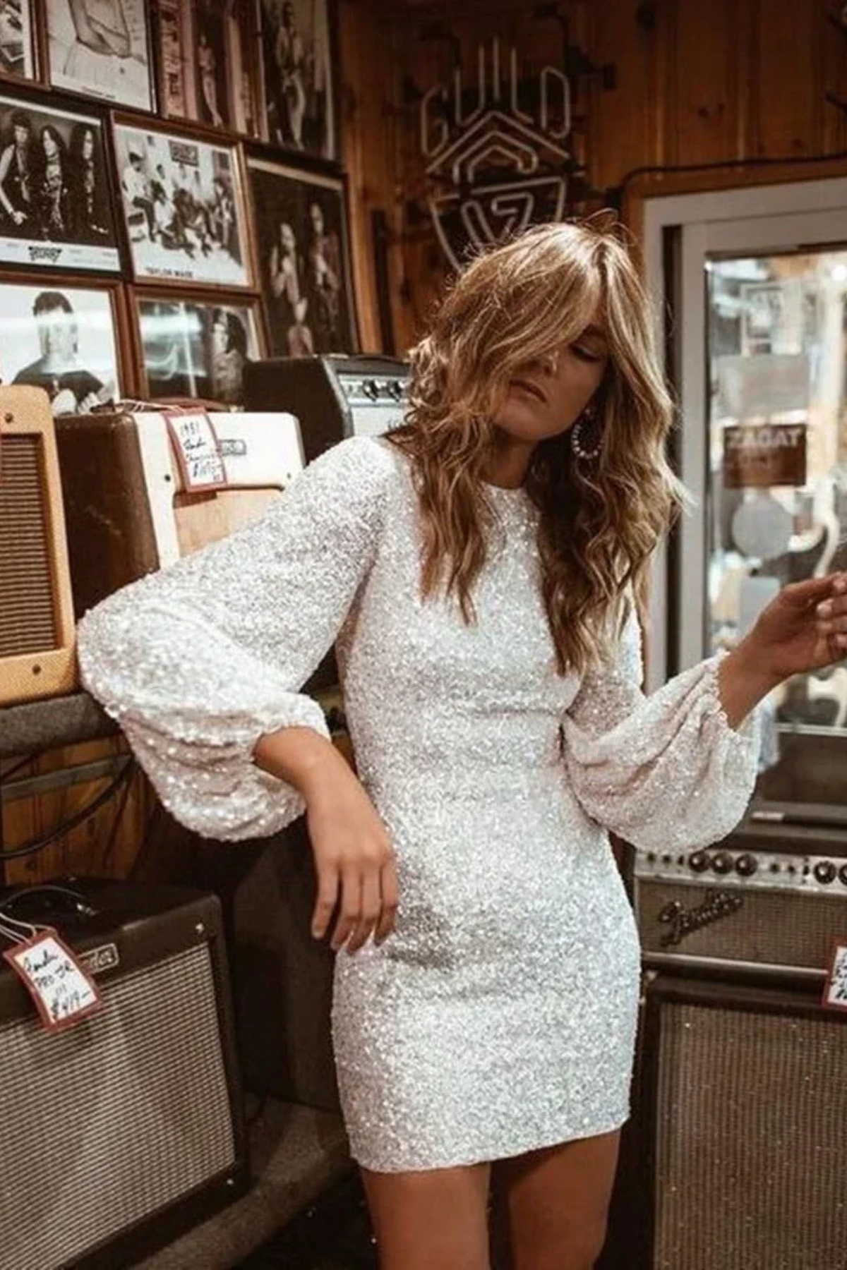 Minivestido De Manga Larga Con Lentejuelas Para Mujer - Fiesta De Cóctel
