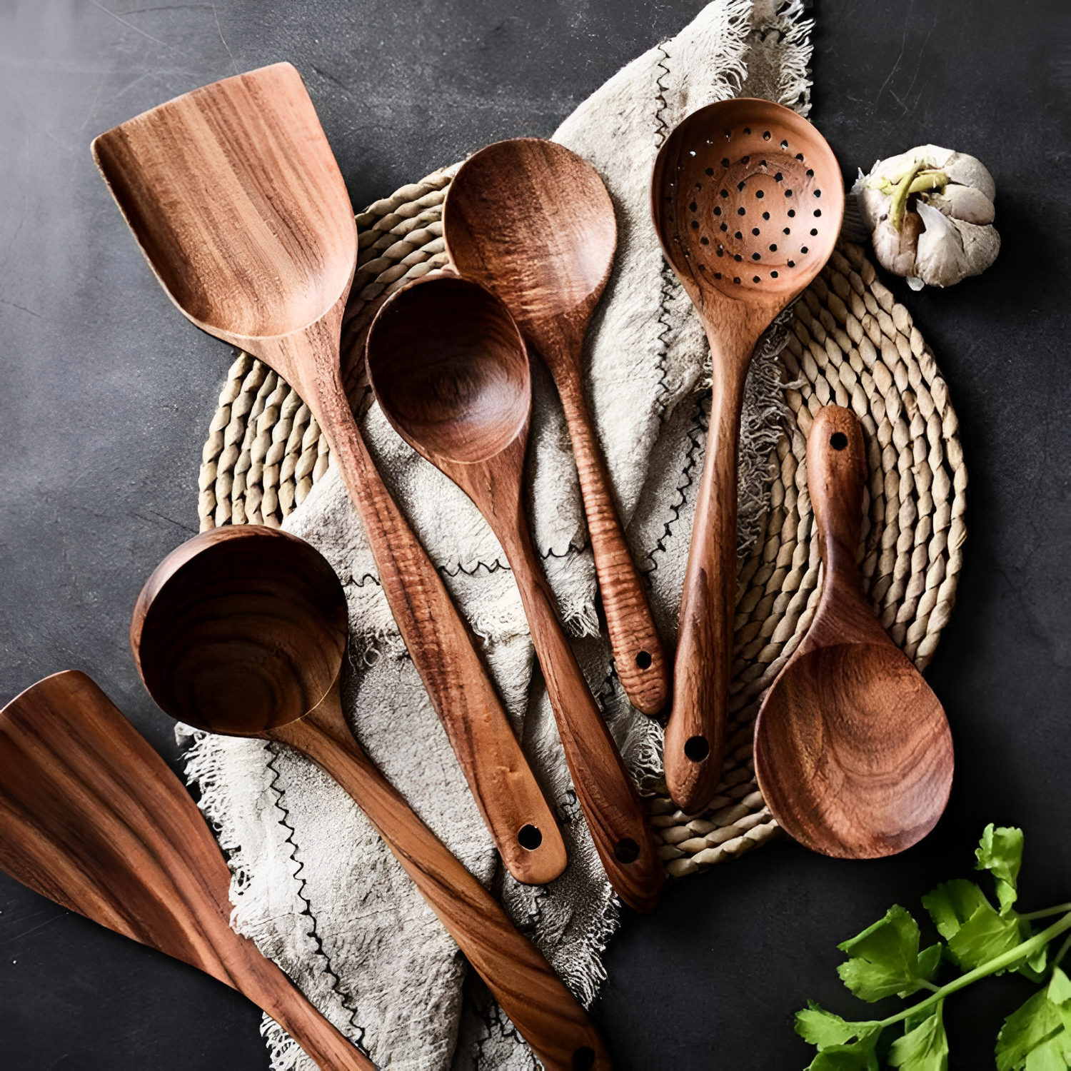 Juego de utensilios de madera - Juego de cocina premium de 7 piezas