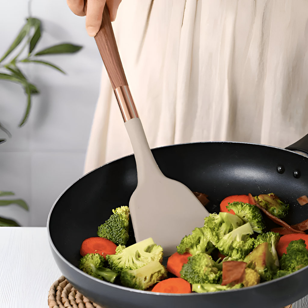 Set de Utensilios de Cocina Beige - Con Mango Efecto Madera