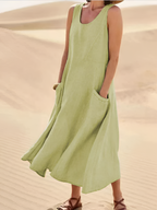 Vestido Midi con Cuello Redondo para Mujer - Almuerzo de Fin de Semana