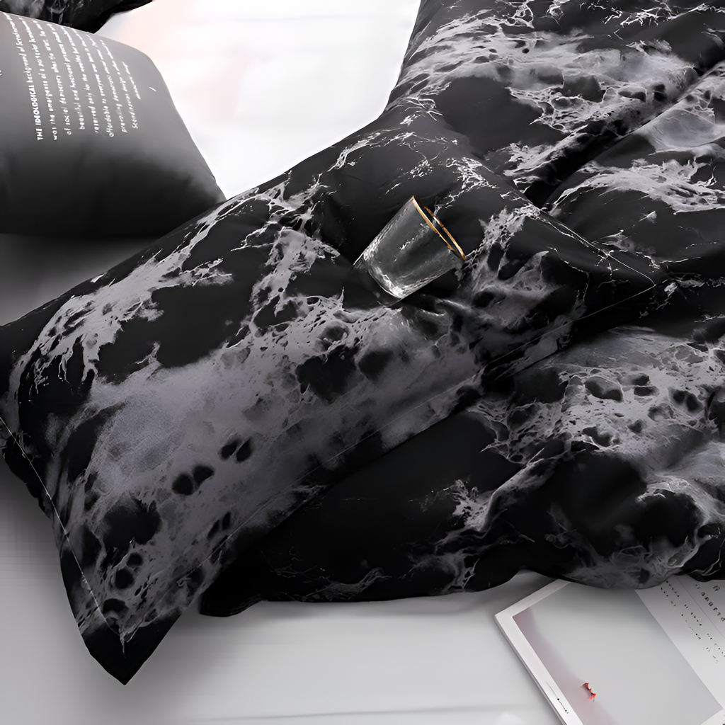 Juego de Funda Nórdica Estampado Mármol - Set de Cama Negro