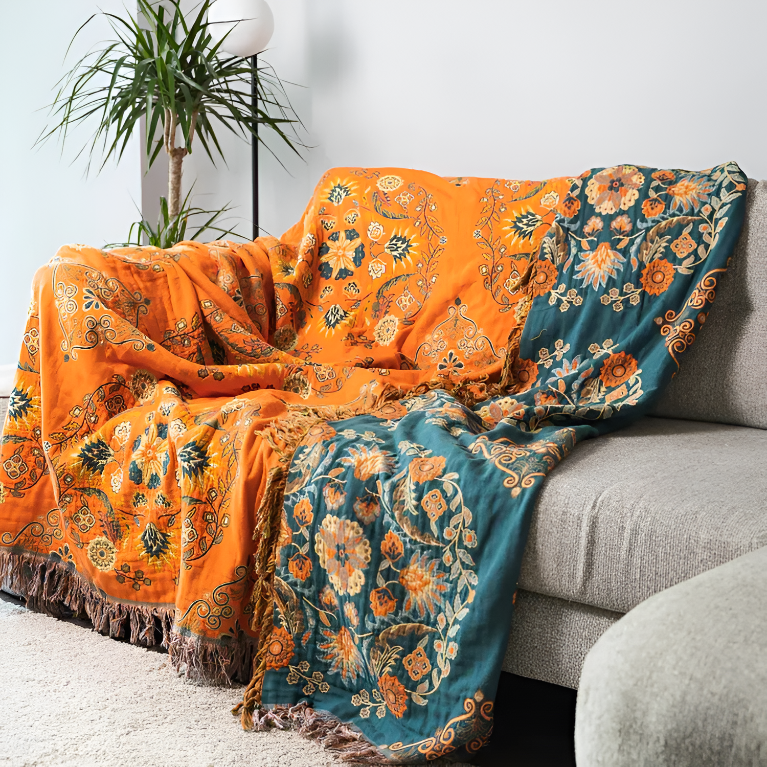 Manta Reversible Naranja y Turquesa - Cobertor Floral Decorativo