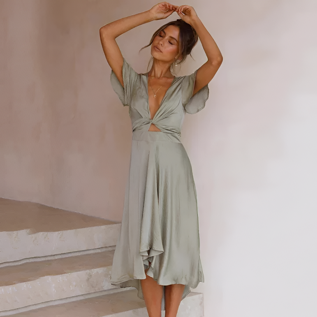 Vestido Midi de Cuello en V con Mangas de Mariposa para Mujer - Boda de Verano