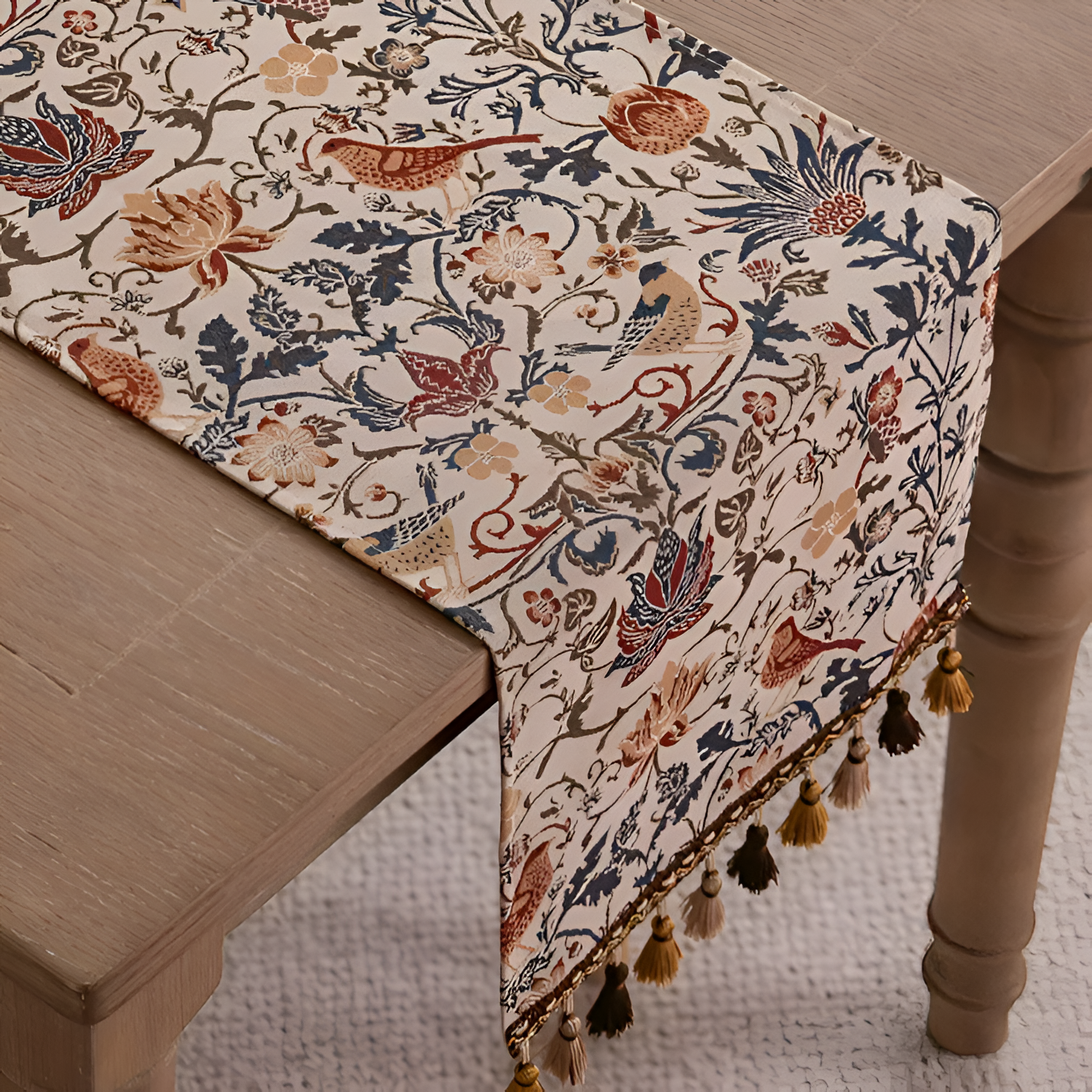 Camino de Mesa con Patrón de Aves y Flores - Acento Decorativo para Comedor