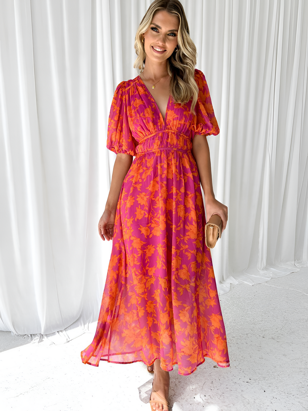 Vestido Midi de Cuello en V con Estampado Floral para Mujer -  Fiesta en el Jardín de Primavera