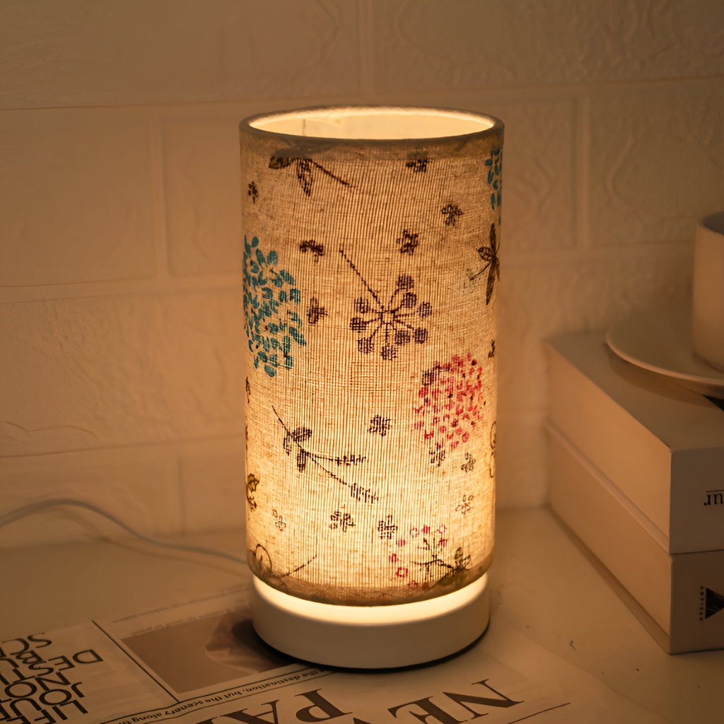 Lámpara de mesa con patrón botánico - Diseño cilíndrico