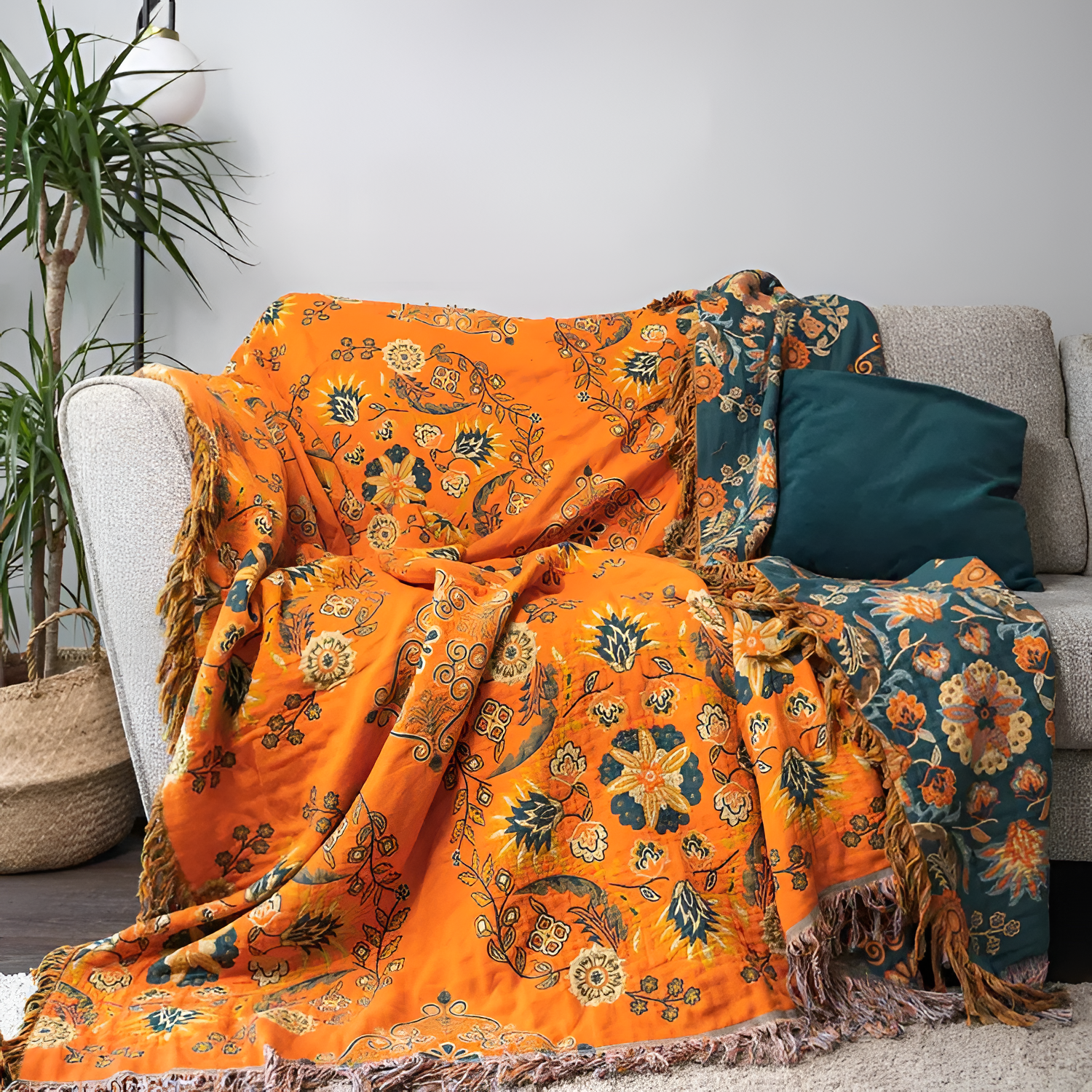 Manta Reversible Naranja y Turquesa - Cobertor Floral Decorativo