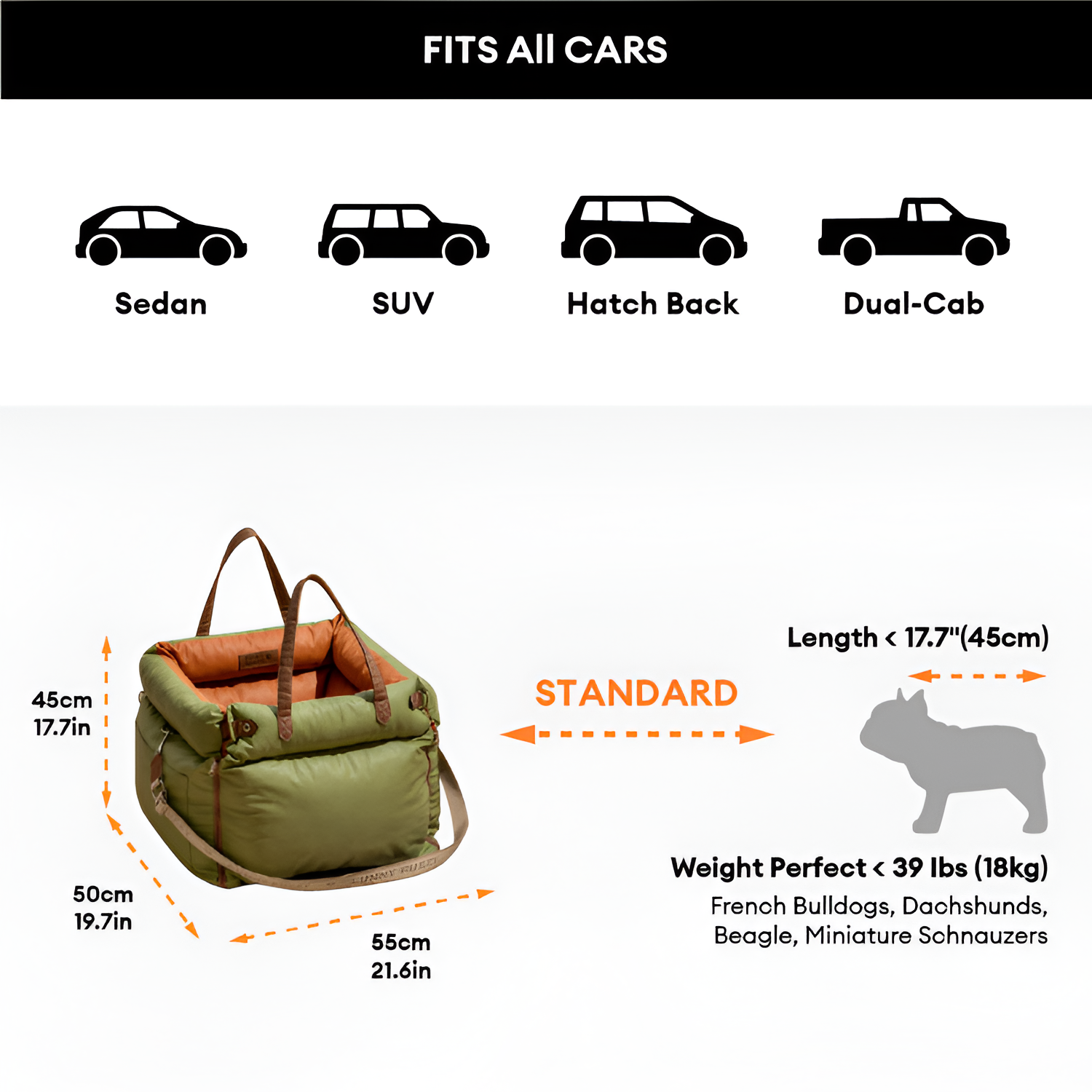 Cama Acolchada Ajustable de Coche para Perros - Solid Color