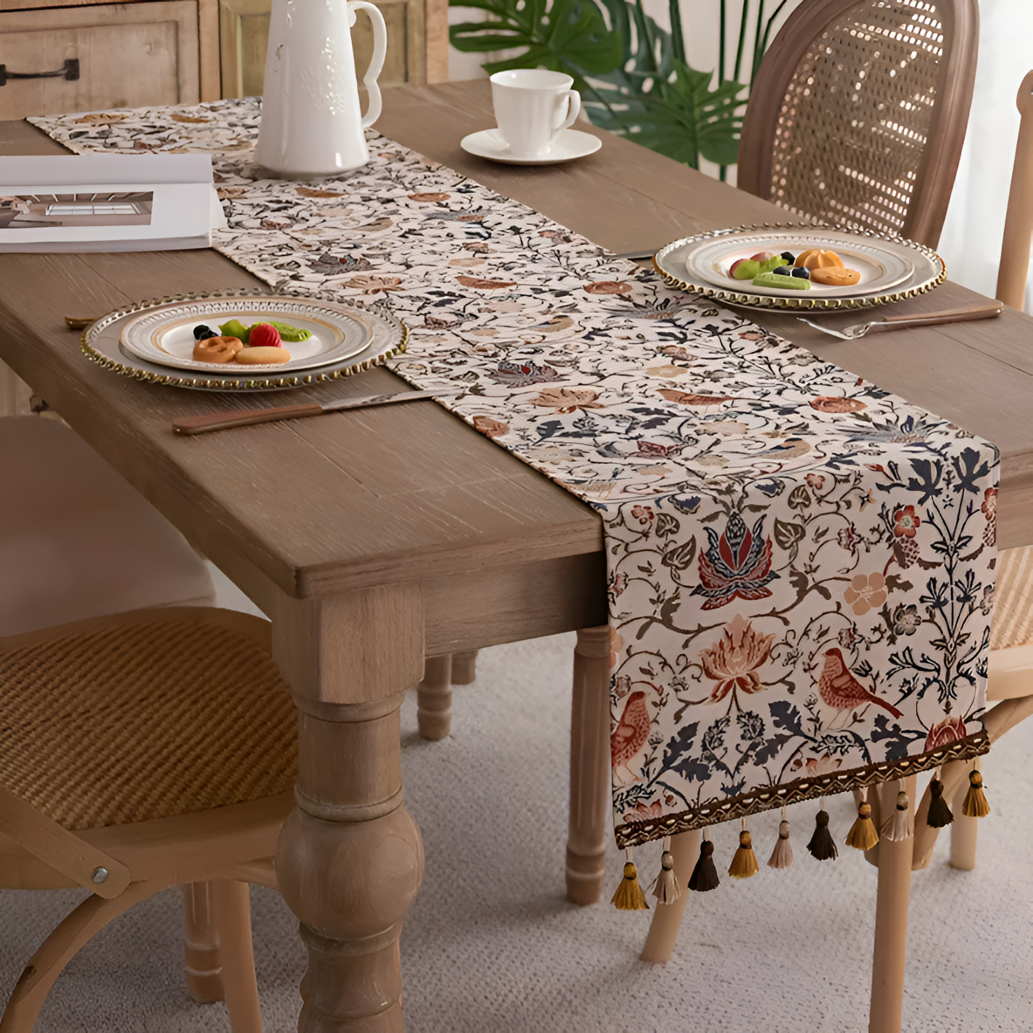 Camino de Mesa con Patrón de Aves y Flores - Acento Decorativo para Comedor