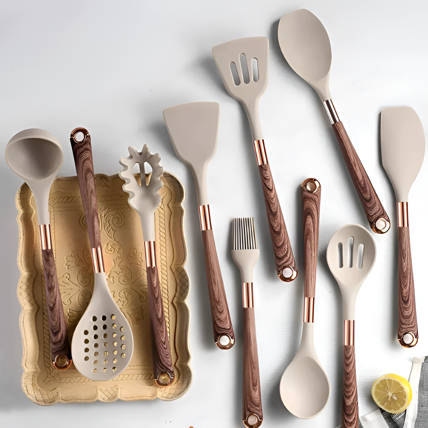 Set de Utensilios de Cocina Beige - Con Mango Efecto Madera