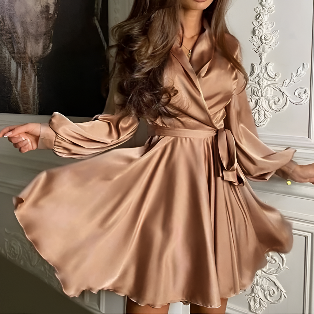 Vestido de Manga Larga con Lazo en la Cintura para Mujer - Fiesta de Cóctel