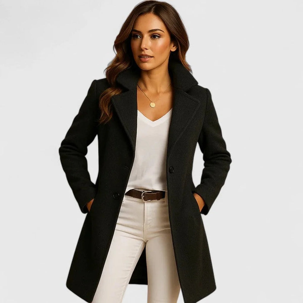 Abrigo largo para mujer con solapa de muesca y cierre de botones, ideal para otoño e invierno, con un diseño elegante y sofisticado 0