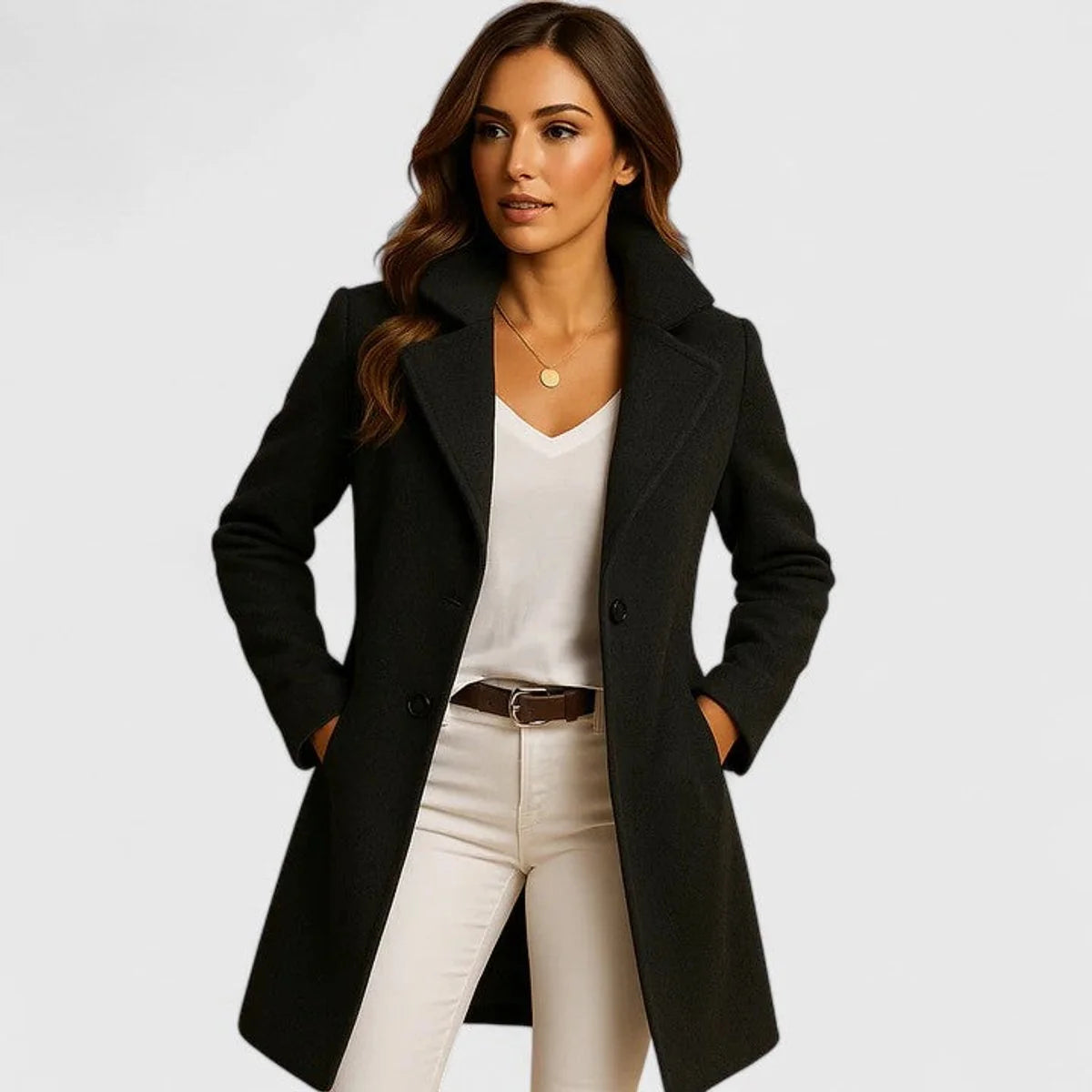 Abrigo largo para mujer con solapa de muesca y cierre de botones, ideal para otoño e invierno, con un diseño elegante y sofisticado 0