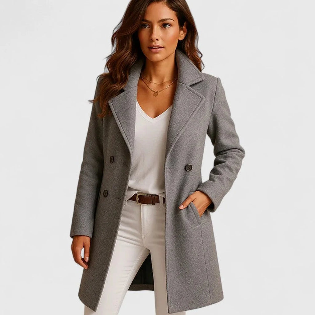 Abrigo largo para mujer con solapa de muesca y cierre de botones, ideal para otoño e invierno, con un diseño elegante y sofisticado 1