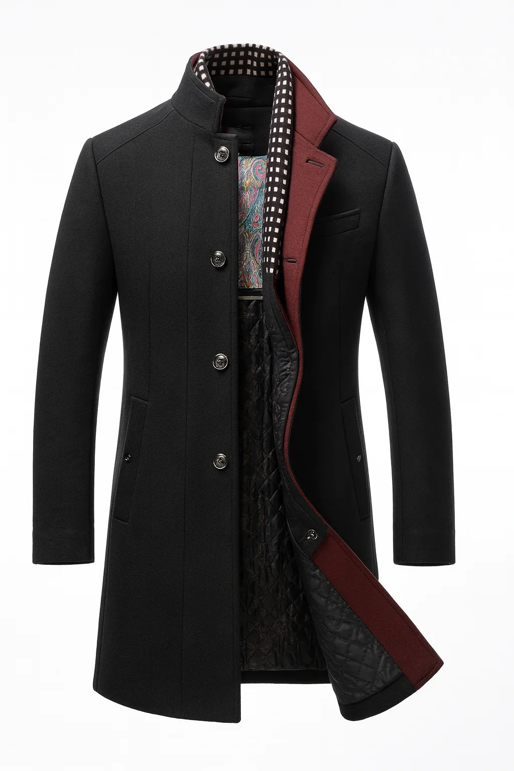 Abrigo de lana para mujer con cuello alto y bolsillos laterales, ideal para mantener el calor y lucir elegante en invierno. 2
